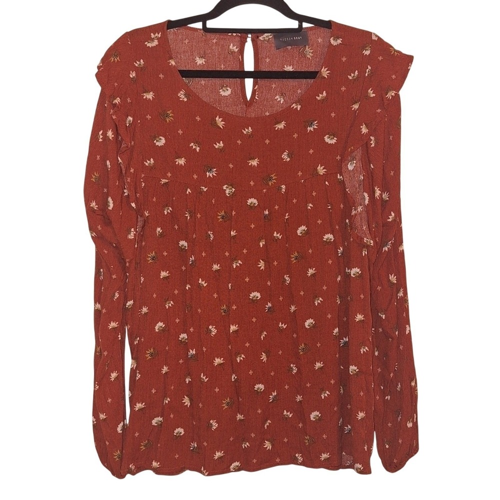 Hudson Gray Rust‎ Floral Ruffle Sleeve Keyhole Back Blouse Top Womens L